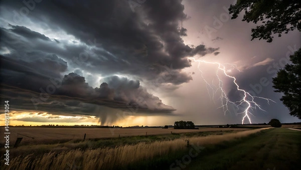 Fototapeta "Dramatic Lightning Strike Over Rural Field During Thunderstorm at Sunset"