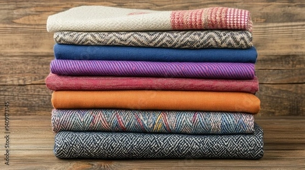 Obraz Stacked Fabrics of Various Textures and Colors on Rustic Wooden Surface