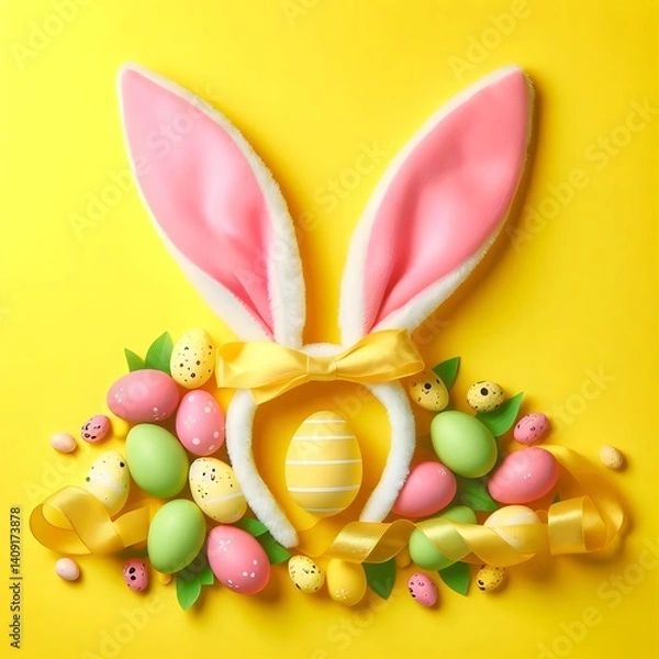 Obraz Bright and playful Easter still life with a glass jar of pastel eggs topped with pink bunny ears and bow, surrounded by colorful decorated eggs on a vibrant yellow background.