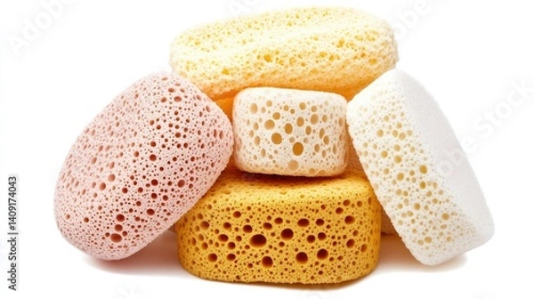 Fototapeta Colorful Natural Sea Sponges Stacked Together on a White Background for Bath and Shower Use