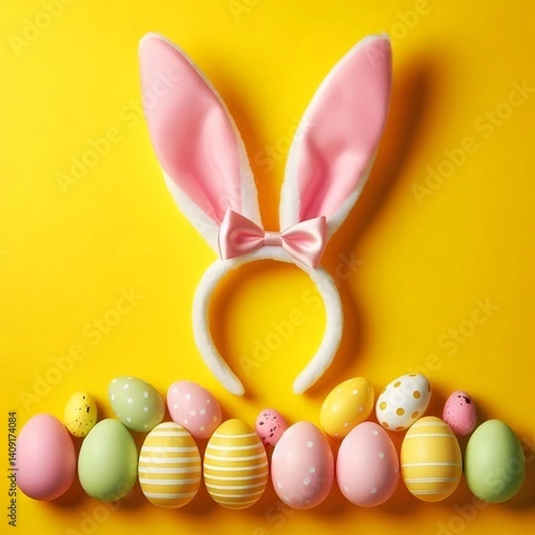 Obraz Bright and playful Easter still life with a glass jar of pastel eggs topped with pink bunny ears and bow, surrounded by colorful decorated eggs on a vibrant yellow background.