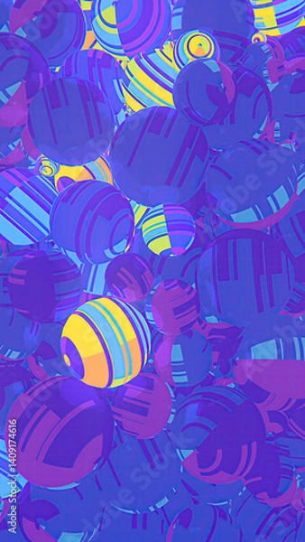 Fototapeta A composition of multiple spherical objects in which dark blue spheres with striped textures shimmer with bright colors. The patterns of light create a sense of vibrant energy. 3d render illustration