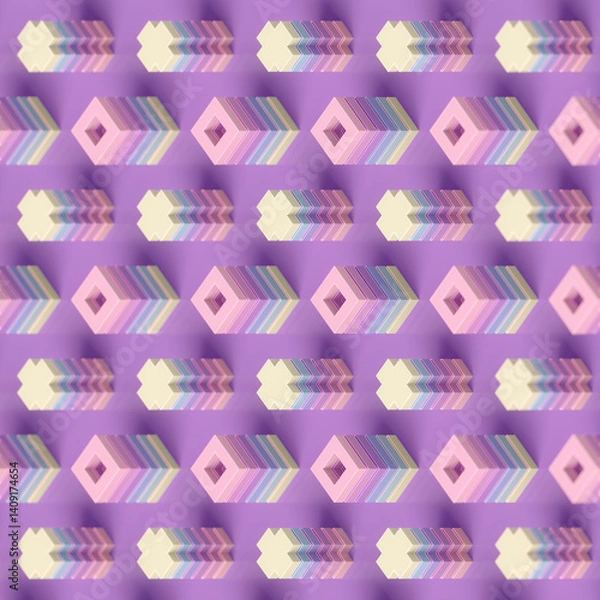 Obraz Composition in the form of a series of vertical structures with geometric alternation of cross-shaped elements and squares. Soft pastel gradients of the figures create an optical illusion. 3d render