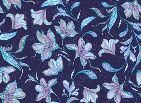 Fototapeta Vector  floral pattern of  decorative flowers on a dark background. Bohemian flowers. Magic flowers. 