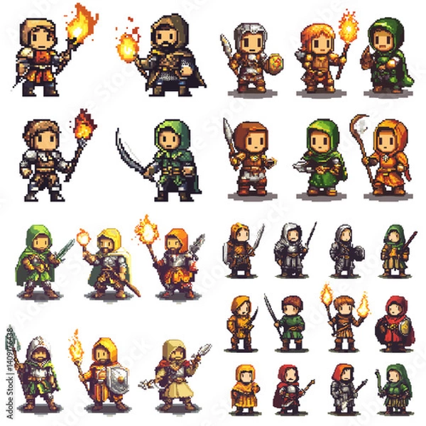 Fototapeta Pixel art collection of medieval fantasy warriors and mages with weapons and fire effects. Ideal for RPG games, character sprites, fantasy adventures, and retro-style game assets.

