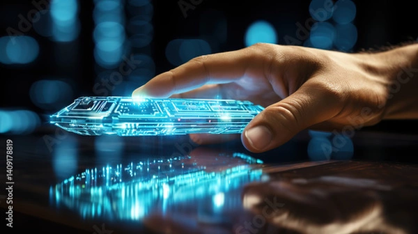 Fototapeta Cyber communication and innovation with hand on futuristic UI hologram