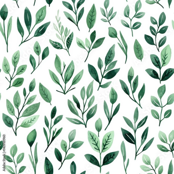 Fototapeta Watercolor green leaves seamless pattern on white background