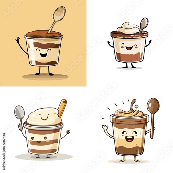 Fototapeta Adorable cartoon desserts in cups with happy faces and spoons, perfect for food illustrations, kawaii designs, cafe branding, and sweet treat character collections.

