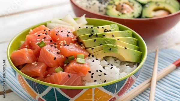 Fototapeta "Fresh Salmon and Avocado Poke Bowl with Rice and Sesame Seeds"