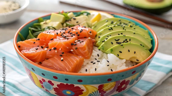 Fototapeta "Fresh Salmon and Avocado Poke Bowl with Rice and Sesame Seeds"