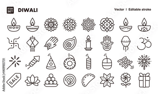 Obraz Diwali line icon set. Vector editable stroke icon.