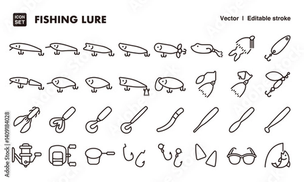 Obraz Fishing lure line icon set. Vector editable stroke icon.