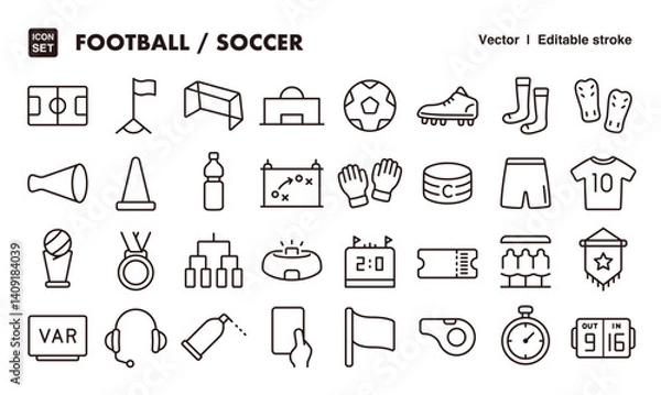 Obraz Soccer/football line icon set. Vector editable stroke icon.