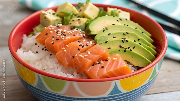 Fototapeta "Fresh Salmon and Avocado Poke Bowl with Rice and Sesame Seeds"