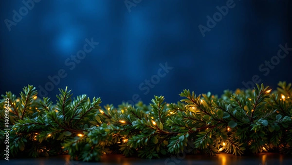 Obraz The rich, saturated blue of the background provides a dramatic contrast to the bright, blurred lights scattered around a garland of fragrant greenery