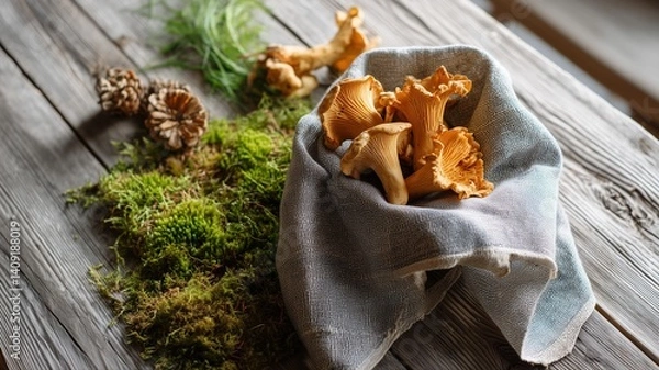 Obraz A top-down view of foraged chanterelle mushrooms on a rustic wooden table with moss and herbs