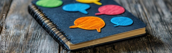 Fototapeta Notebook with speech bubbles floating around it, debating its own content 