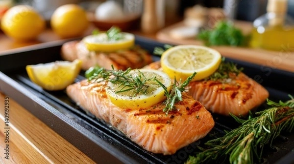 Fototapeta Grilled Salmon Fillet with Lemon and Herbs on Cooking Tray Ready for Serving