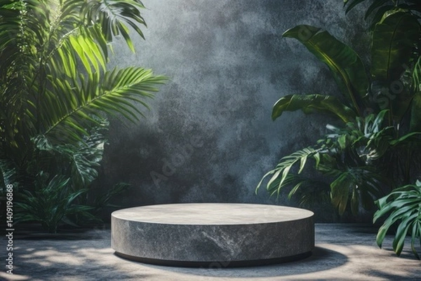 Fototapeta Empty gray stone pedestal surrounded by lush greenery