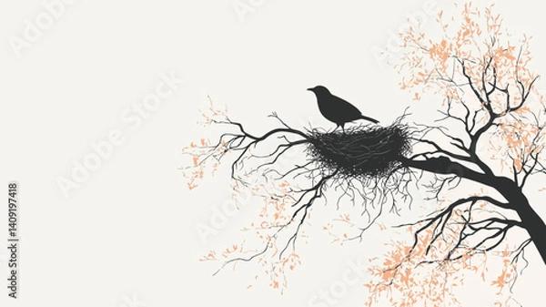 Fototapeta The image is a minimalist illustration featuring a black silhouette of a bird perched on a branch of a bare tree.  A nest is visible beneath the bird. The tree branches are detailed