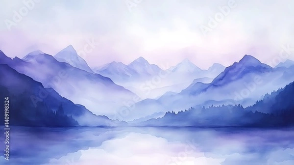 Fototapeta Watercolor Mountain Range Reflection on Lake Water Surface