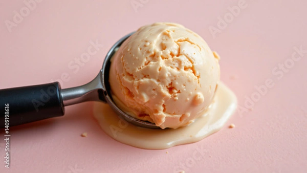 Obraz A slightly melted ice cream scoop, pale peach in color, creating a small puddle on the light pink surface. The soft, diffused lighting highlights the textures of the ice cream as it begins to soften.