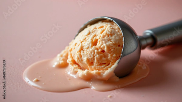 Obraz A slightly melted ice cream scoop, pale peach in color, creating a small puddle on the light pink surface. The soft, diffused lighting highlights the textures of the ice cream as it begins to soften.