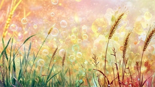 Obraz A vibrant summer field of golden wheat under a bright blue sky, with floating soap bubbles reflecting sunlight. A dreamy and refreshing nature scene full of warmth and beauty