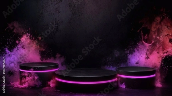 Obraz Futuristic podium with glowing neon pink light surrounded by swirling smoke on a dark background. Ideal for product display, tech, or sci-fi themed visuals.