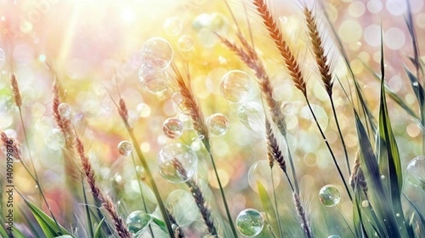 Obraz A vibrant summer field of golden wheat under a bright blue sky, with floating soap bubbles reflecting sunlight. A dreamy and refreshing nature scene full of warmth and beauty