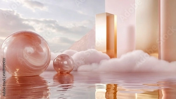 Obraz Minimalist platform with gold trim floating above clouds during sunset. Dreamy surreal scene ideal for luxury, cosmetic product mockups, or fantasy design