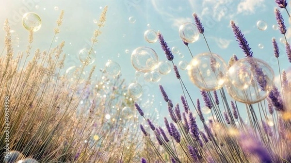 Obraz A vibrant summer field of lavender and golden wheat under a bright blue sky, with floating soap bubbles reflecting sunlight. A dreamy and refreshing nature scene full of warmth and beauty
