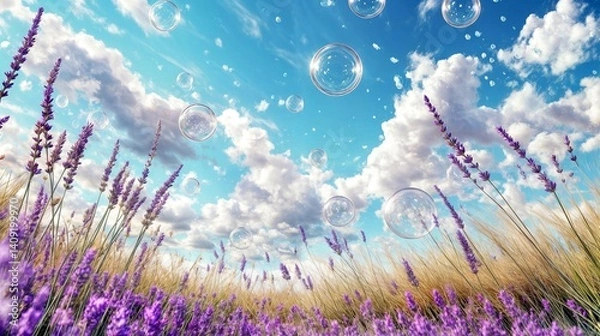 Obraz A vibrant summer field of lavender and golden wheat under a bright blue sky, with floating soap bubbles reflecting sunlight. A dreamy and refreshing nature scene full of warmth and beauty