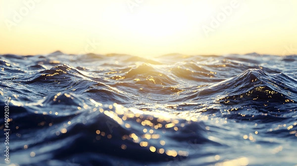 Obraz Golden sunset over a rippling ocean surface.  A close-up view of gentle waves