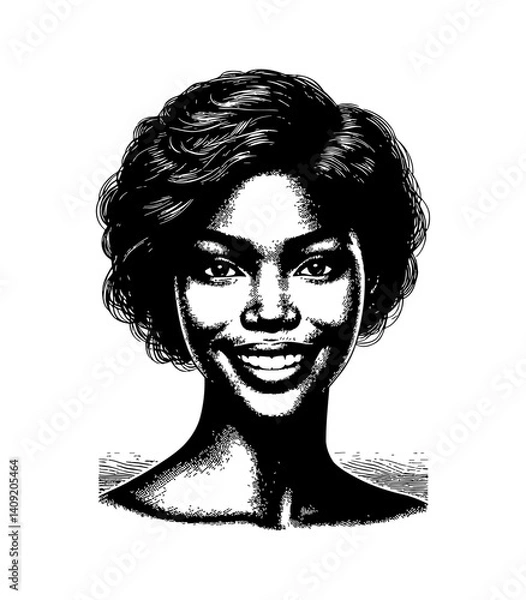Fototapeta Smiling African American Woman Portrait in Engraved Style with Happy Expression