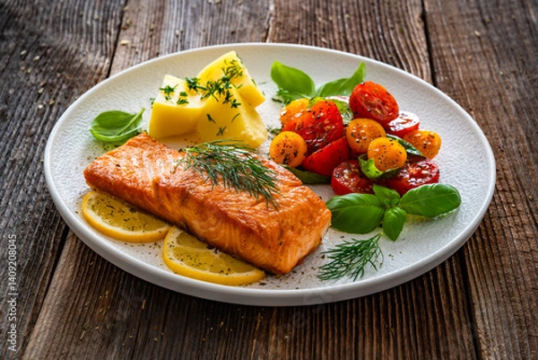 Obraz Seared salmon steak with cherry tomatoes and boiled potatoes on wooden table