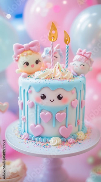 Obraz Cake with three smiling faces and three hearts on top