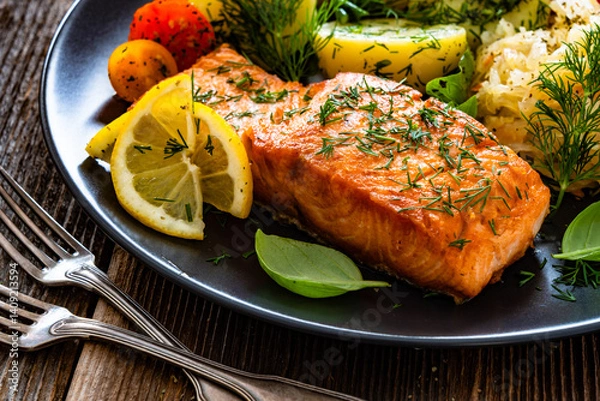 Obraz Seared salmon steak with boiled potatoes and sauerkraut on wooden table