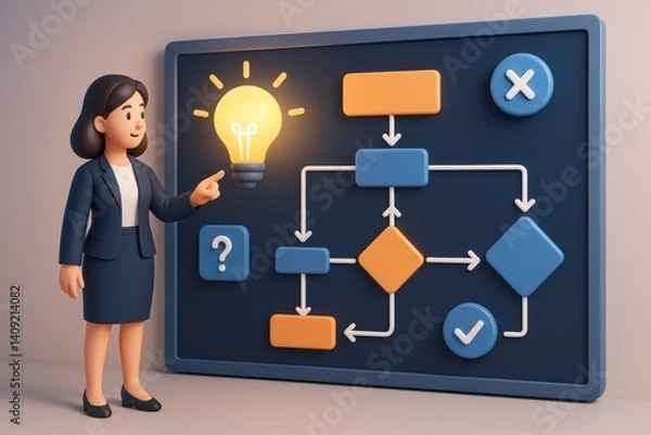 Fototapeta Illumination of Strategy: A dynamic representation of a businesswoman presenting an intricate flow chart illuminated by a glowing light bulb. Conveying innovation, clarity, and strategic thinking.