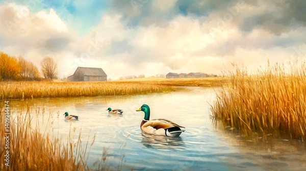Obraz Ducks swimming peacefully in golden pond near barn
