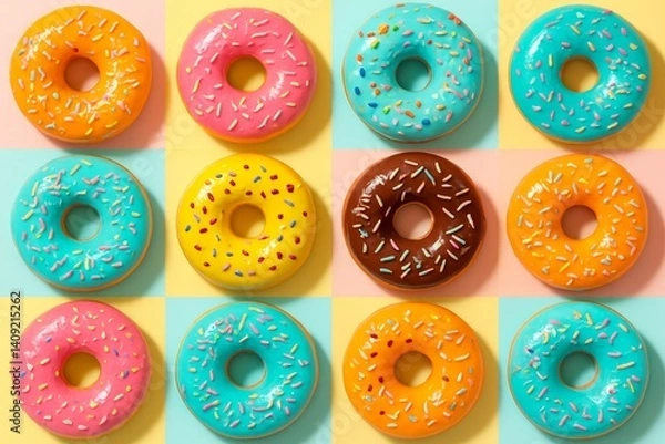 Fototapeta Assorted colorful glazed donuts with sprinkles arranged in grid on pastel background, sweet dessert pattern for bakery and food design