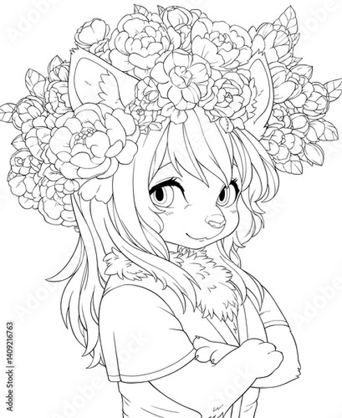 Obraz Black and white line art for coloring a cute anime girl with ears and a wreath of flowers on her head. Anime cat girl with long hair and a contented expression on her face.