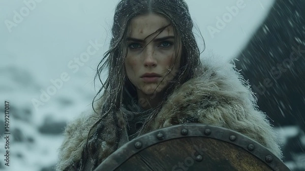 Fototapeta Female Viking Warrior on Snowy Battlefield, Clad in Traditional Cloak, Holding Wooden Shield Under Fierce Stormy Sky