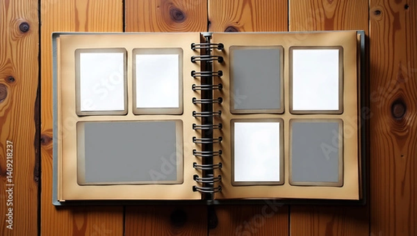 Obraz Vintage Spiral-Bound Scrapbook on Wooden Surface – Rustic Brown Cover with Photo Placeholders for DIY Memories