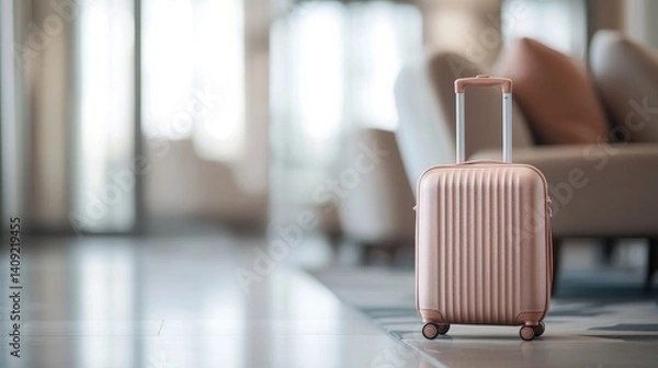 Obraz A sleek, rose-gold suitcase stands in a modern lobby, hinting at travel and adventure, with soft seating in the background creating an inviting atmosphere.