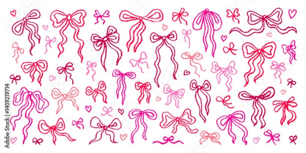 Fototapeta Bow ribbon set. Pink coquette vector. Vintage gift bow coquette pattern. Cute ribbon illustration bg. Hand drawn tie. Sketch red and pink present. Line bows and heart watercolor. Doodle pencil y2k bg