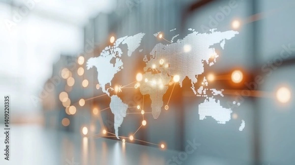 Fototapeta A digital world map overlaid with glowing connections, symbolizing global networking and technology.