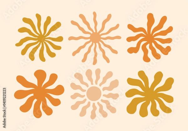 Obraz Retro Groovy Sun Naive Icon Set. Abstract Wavy Ray Logo in Trendy 70s Style. Boho Colorful Groovy Sun Psychedelic Vintage Background. Graphic Fun Hippie Poster. Abstract Summer Geometric Logo Template