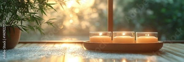 Fototapeta Three candles burning on a windowsill with a plant in the background.