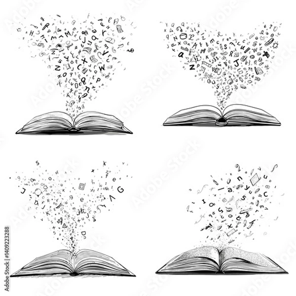 Fototapeta Set of four artistic open books with letters and symbols flying out in black and white sketch style, ideal for literacy campaigns, education visuals, writing, and storytelling concepts.

